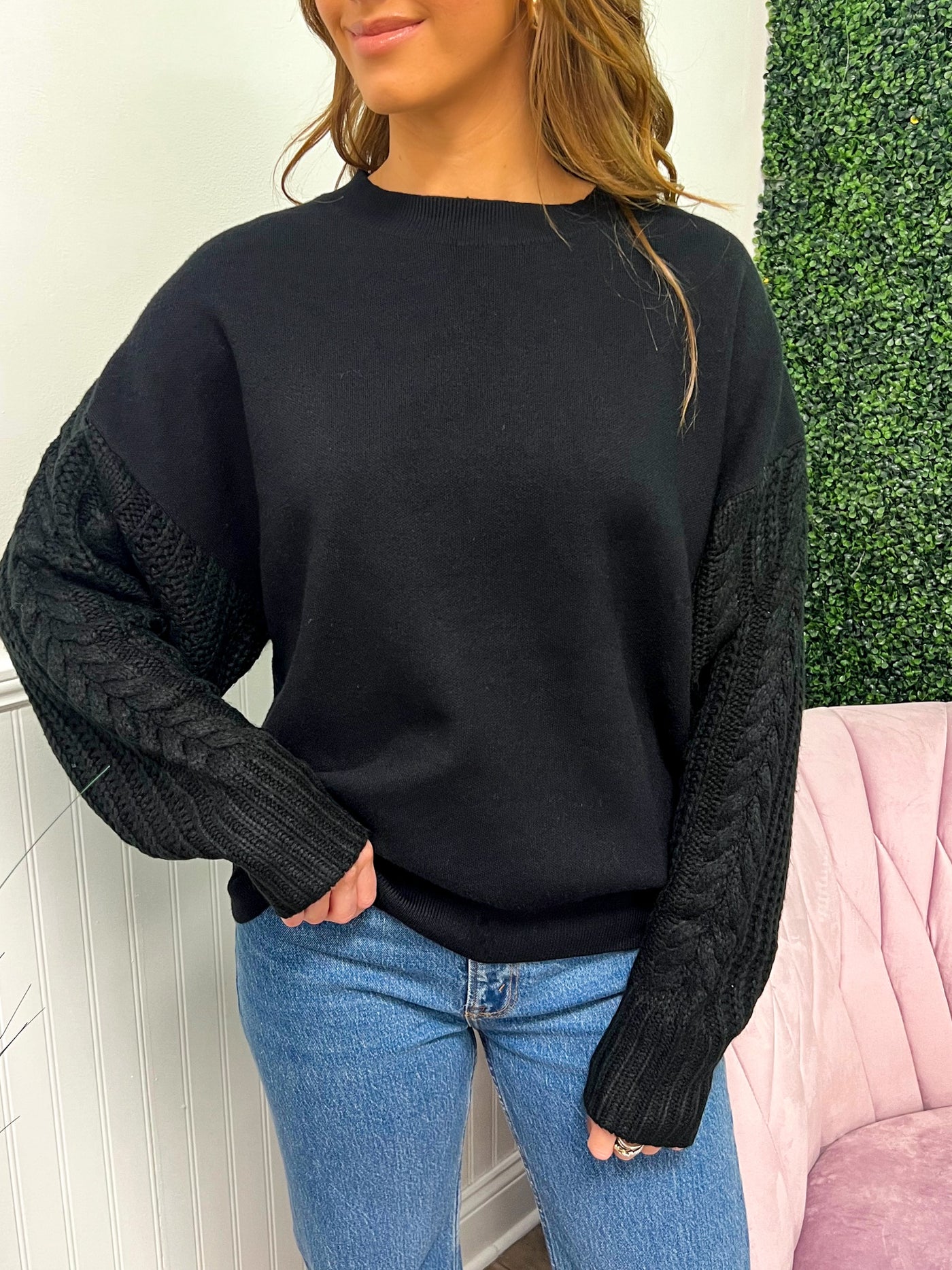Desi Cable Sleeve Sweater- Black