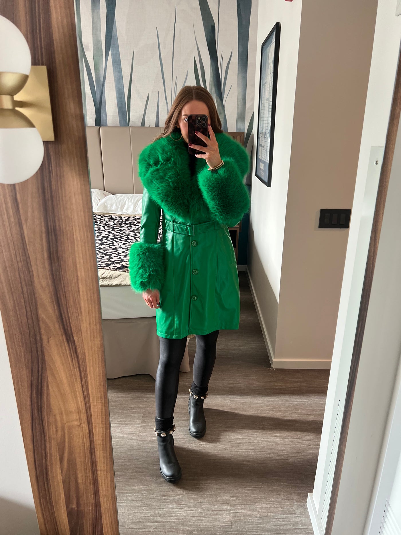 Eve Faux Leather Fur Coat- Green