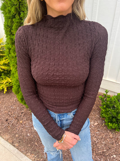 All Eyes On You Textured Long Sleeve Top- Brown