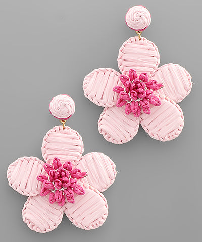 Raffia Wrapped Flower Earrings- Baby Pink